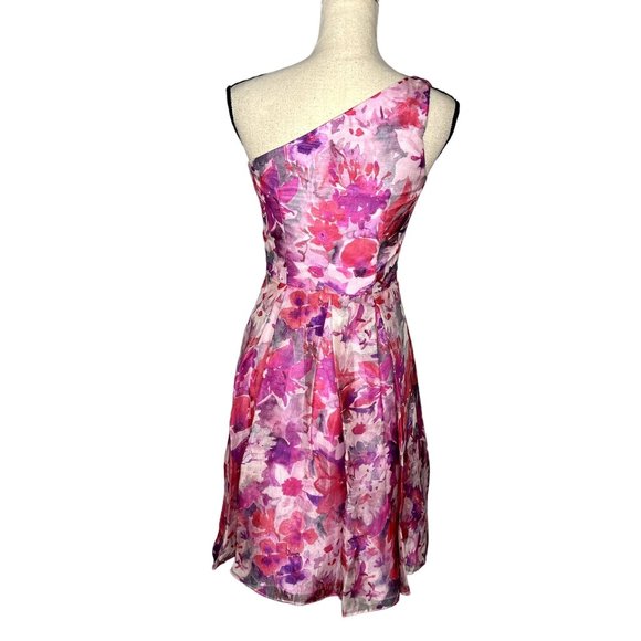David Meister Pink Floral Watercolor Silk One Shoulder Knee Length Dress Size 2 - Picture 3 of 8